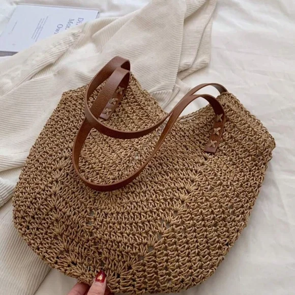Boho Vegan Leather Strap Minimalist Straw Tote Bag - Picture 8 of 14